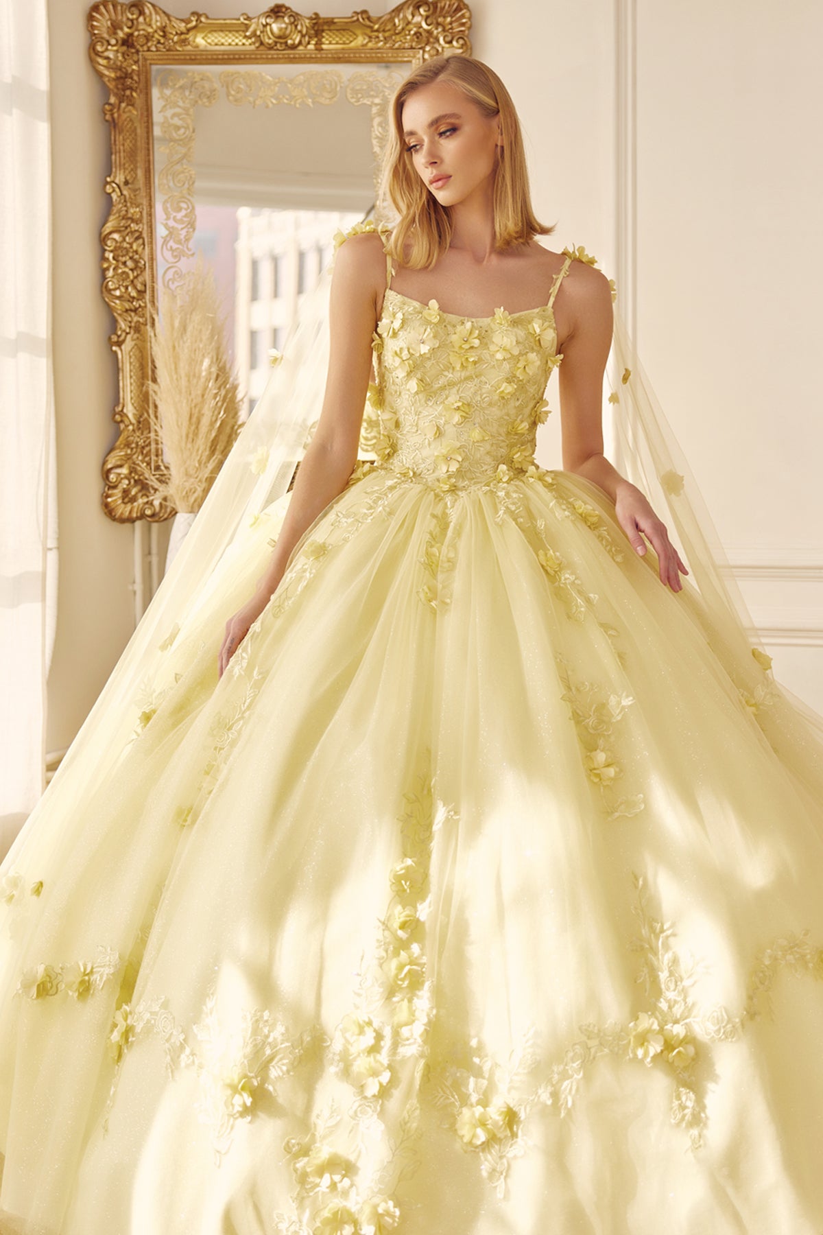 Quinceniera Dresses Cape Long Ball Gown 3D Floral Applique Quinceanera Dress Juliet JT1436 Yellow