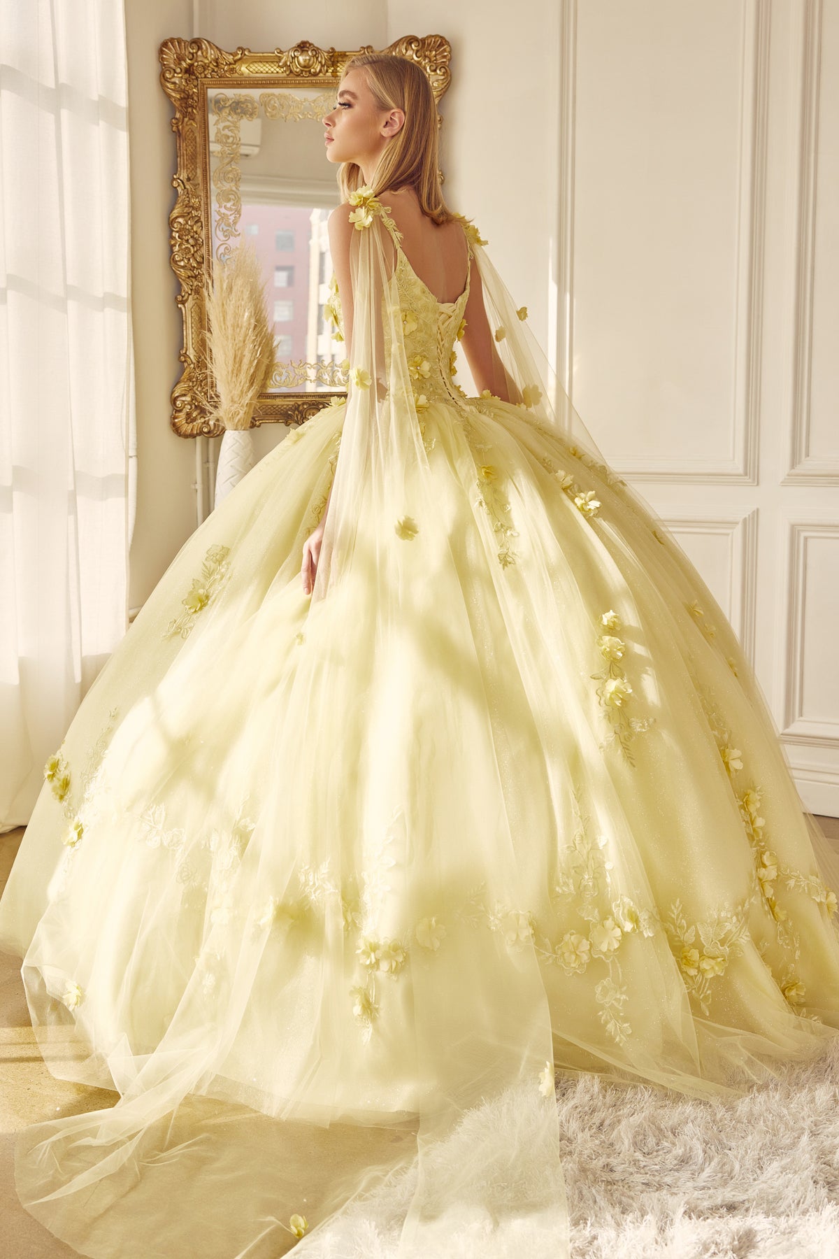 Quinceniera Dresses Cape Long Ball Gown 3D Floral Applique Quinceanera Dress Juliet JT1436 Yellow