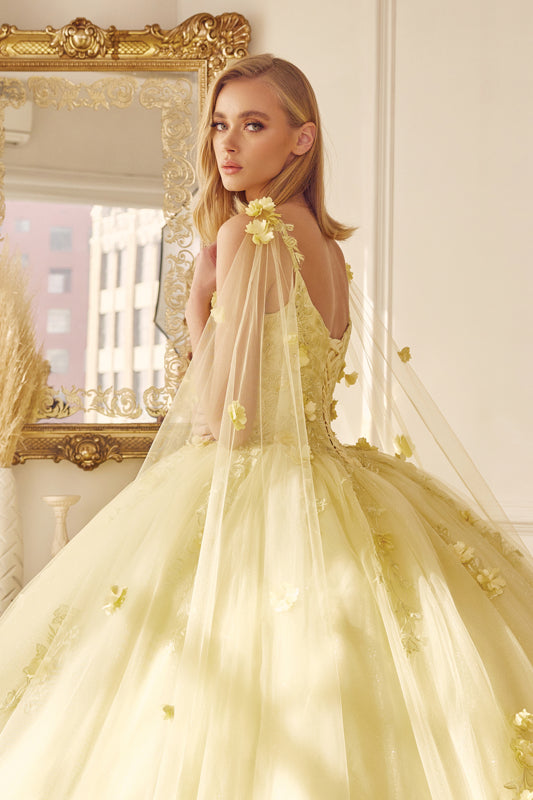 Quinceniera Dresses Cape Long Ball Gown 3D Floral Applique Quinceanera Dress Juliet JT1436 Yellow