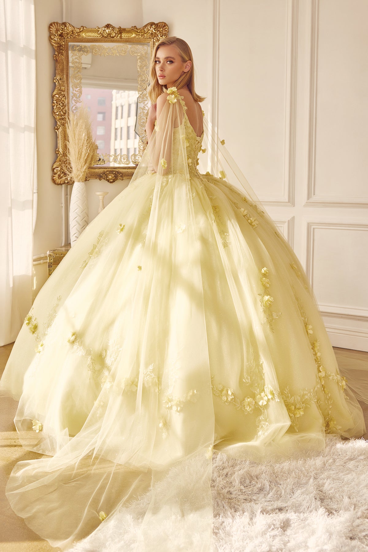 Quinceniera Dresses Cape Long Ball Gown 3D Floral Applique Quinceanera Dress Juliet JT1436 Yellow