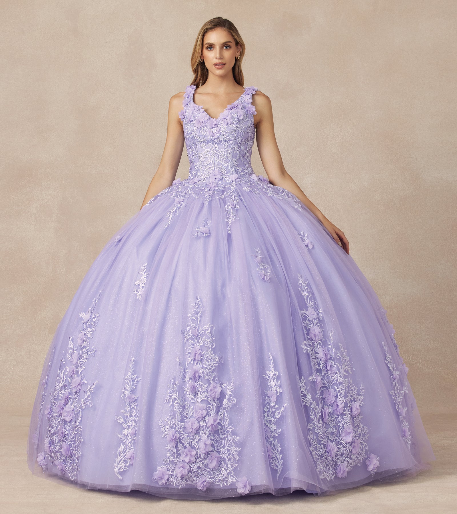Quinceniera Dresses Long 3D Floral Applique Ball Gown Quinceanera Dress Juliet JT1437 Lilac