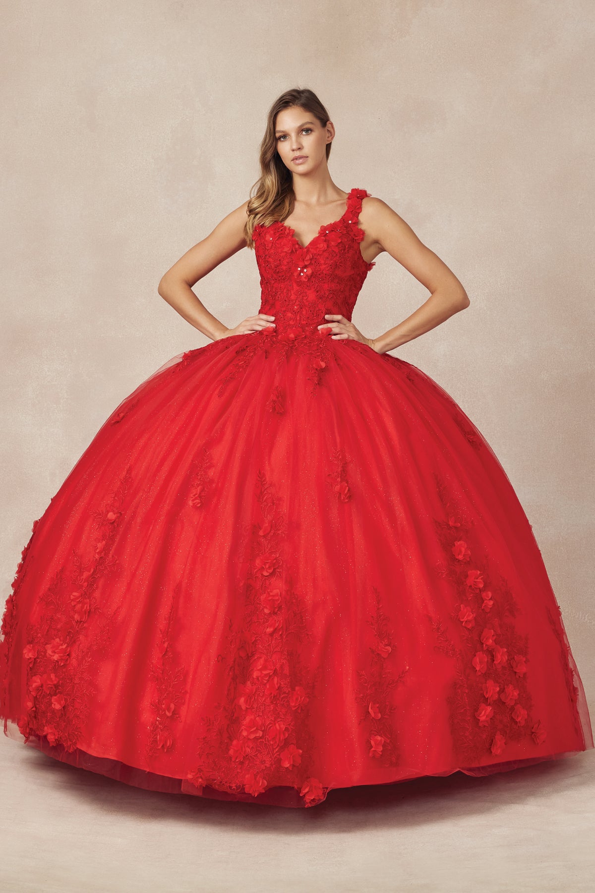 Quinceniera Dresses Long 3D Floral Applique Ball Gown Quinceanera Dress Juliet JT1437 Red