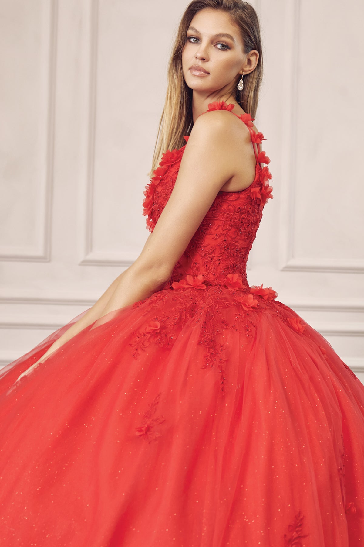 Quinceniera Dresses Long 3D Floral Applique Ball Gown Quinceanera Dress Juliet JT1437 Red