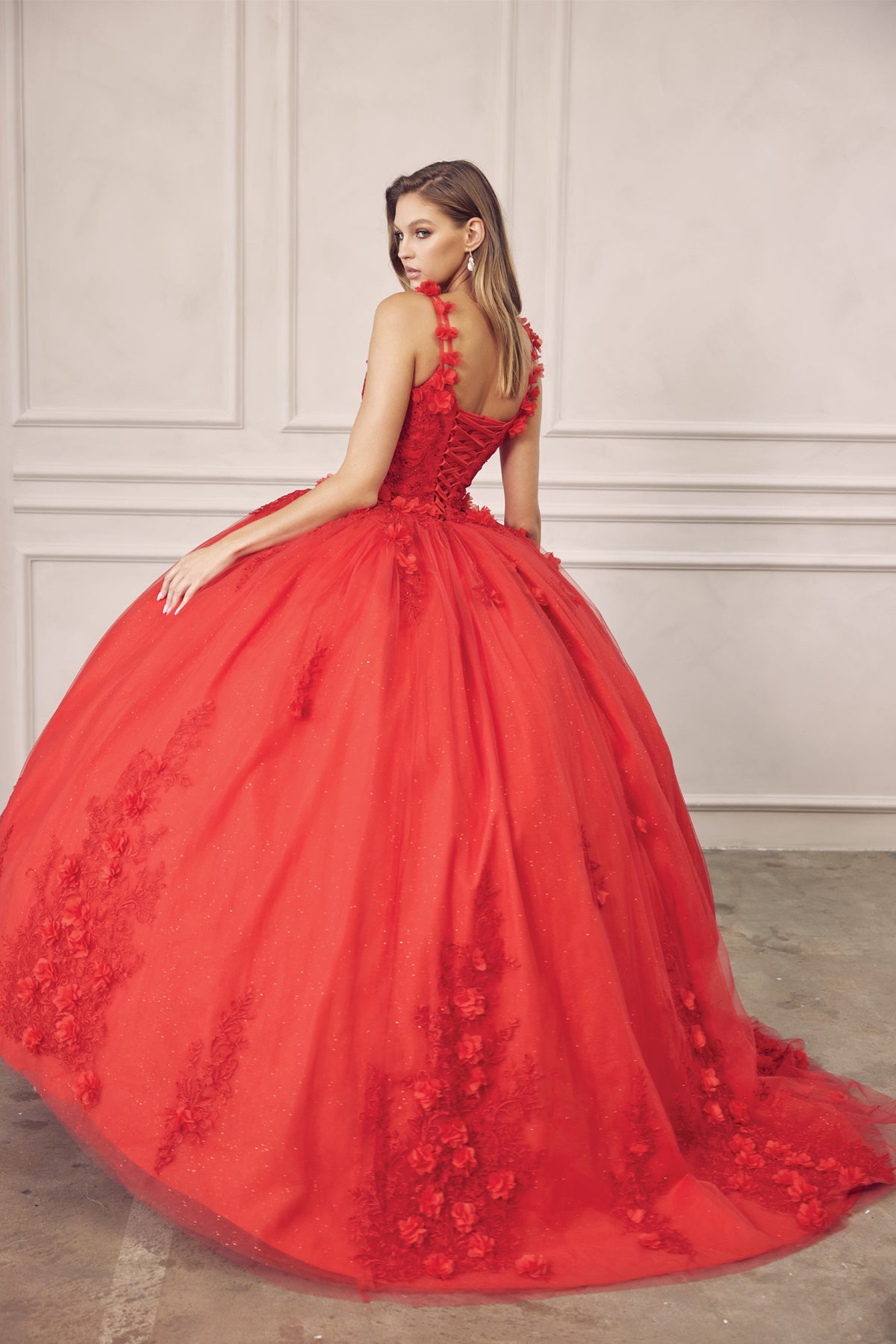Quinceniera Dresses Long 3D Floral Applique Ball Gown Quinceanera Dress Juliet JT1437 Red