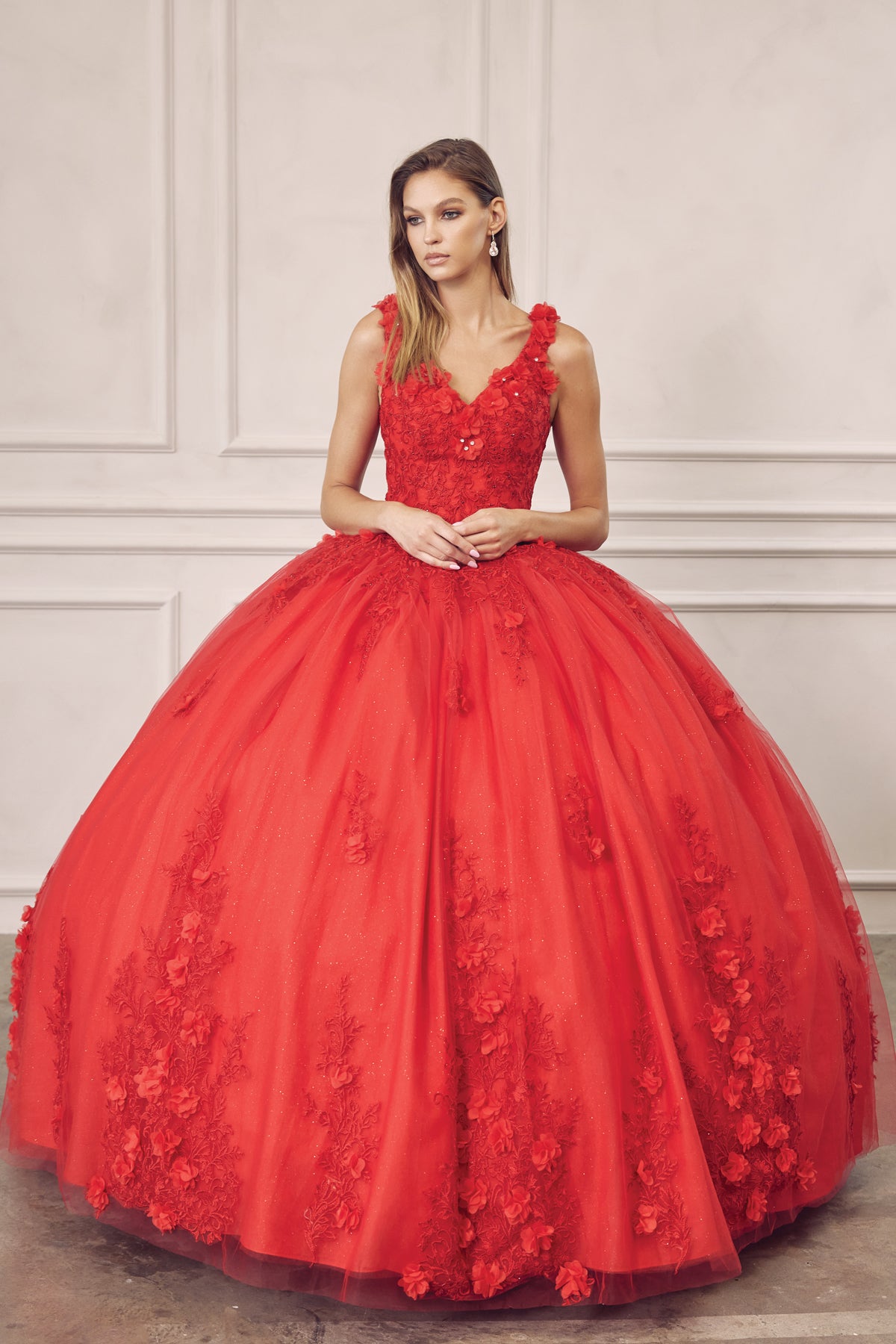 Quinceniera Dresses Long 3D Floral Applique Ball Gown Quinceanera Dress Juliet JT1437 Red