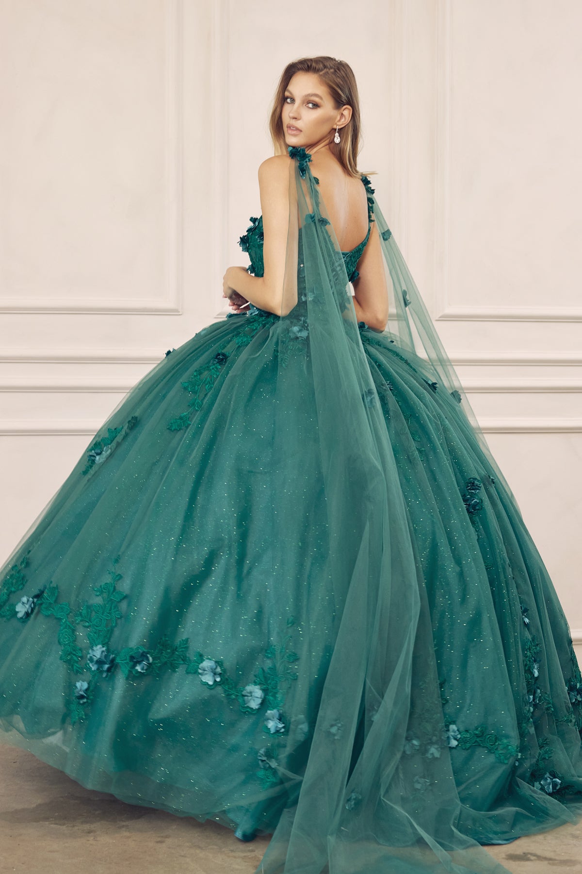 Quinceniera Dresses Cape Long Ball Gown 3D Floral Applique Quinceanera Dress Juliet JT1436 Emerald