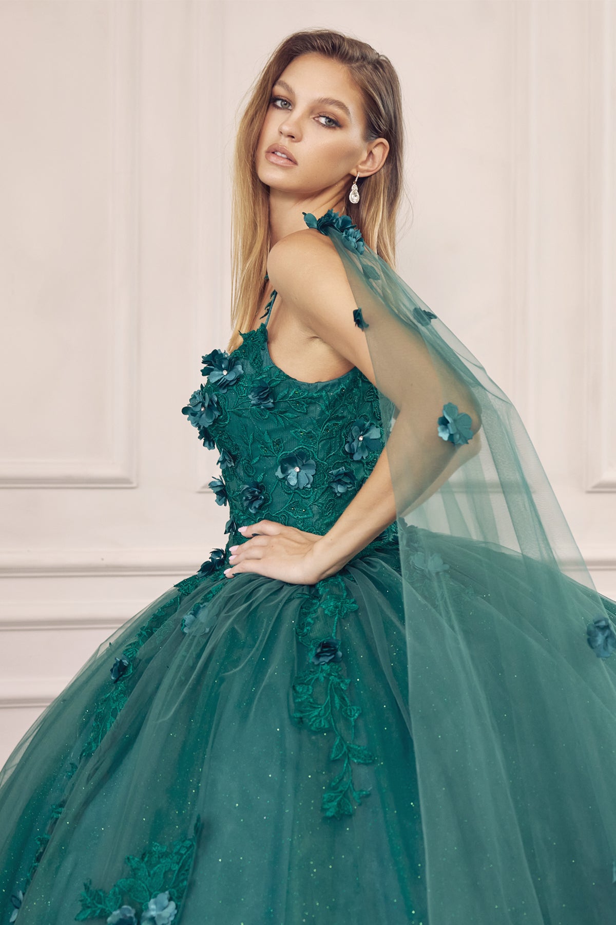 Quinceniera Dresses Cape Long Ball Gown 3D Floral Applique Quinceanera Dress Juliet JT1436 Emerald