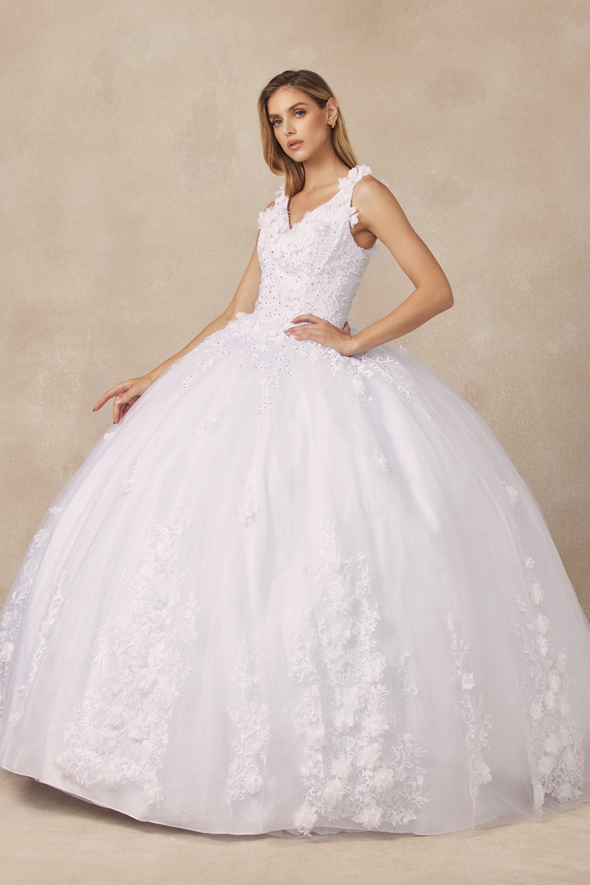 Quinceniera Dresses Long Ball Gown 3D Floral Applique Quinceanera Dress Juliet JT1437W White