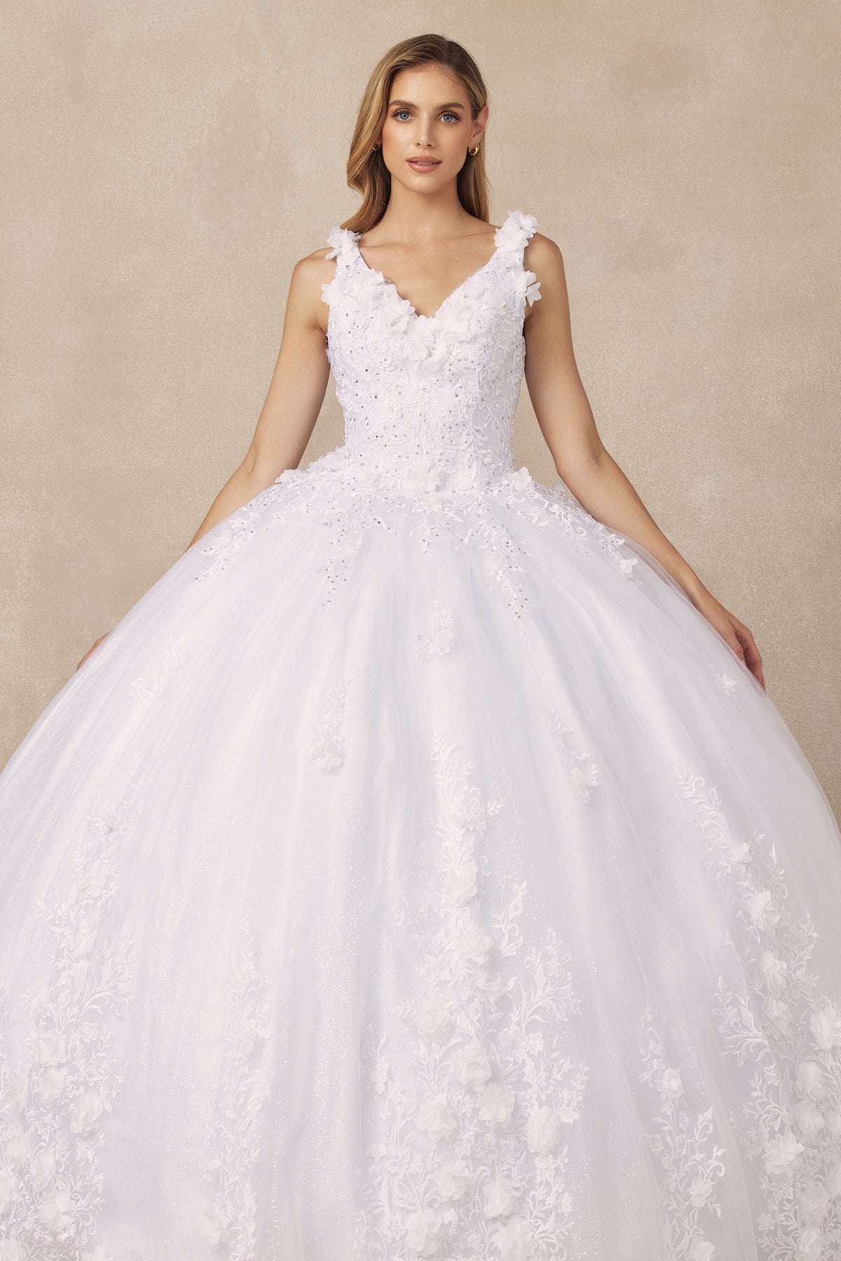 Quinceniera Dresses Long Ball Gown 3D Floral Applique Quinceanera Dress Juliet JT1437W White