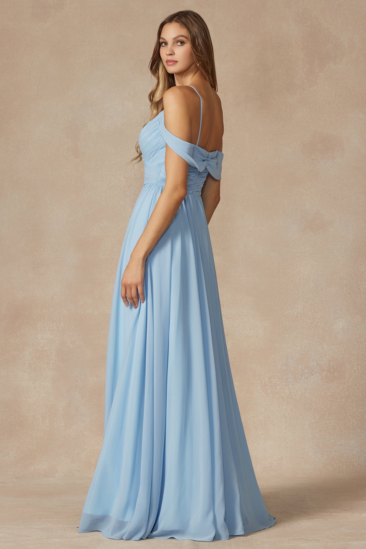 Ice Blue Juliet 262 Fitted Long Formal Pleated Prom Dress