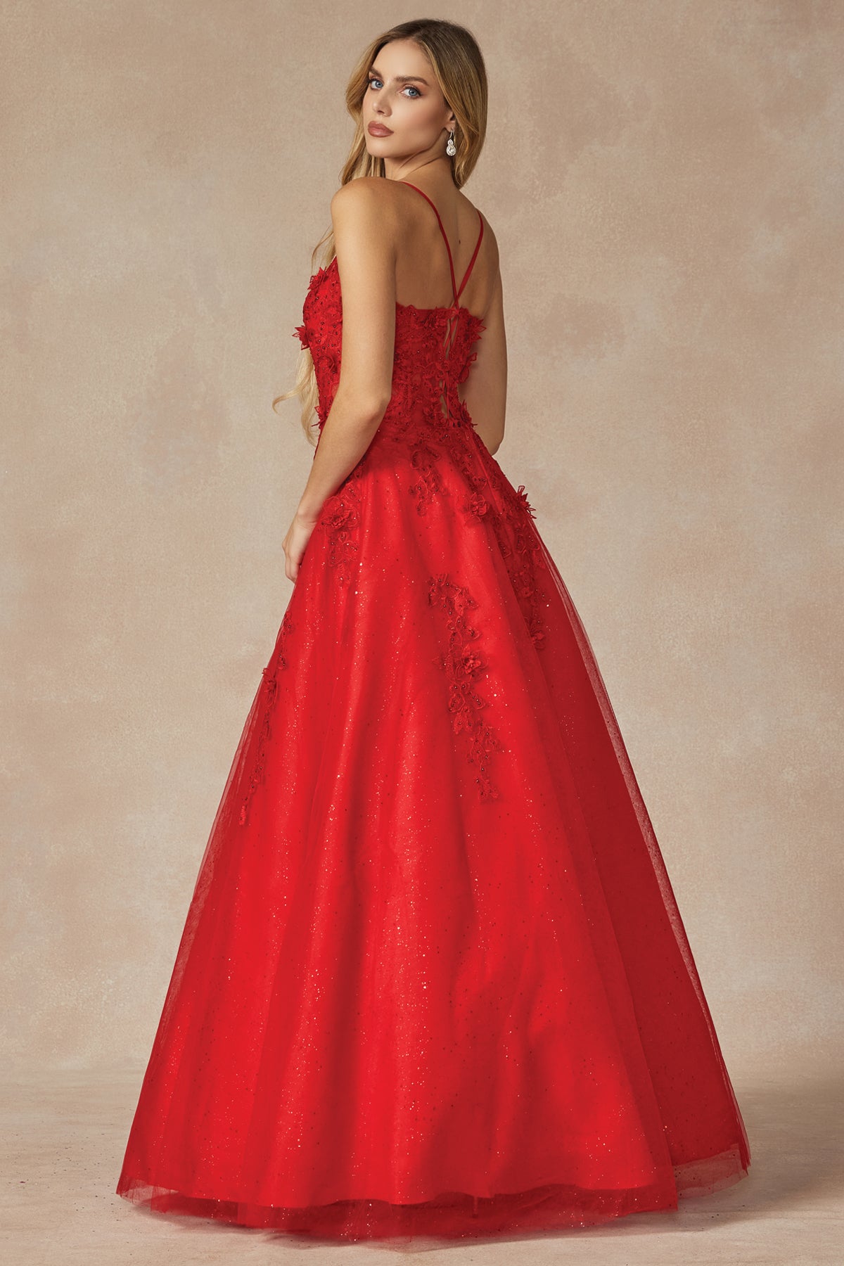 Juliet 285 Long Formal 3D Floral Applique Glitter Prom Dress