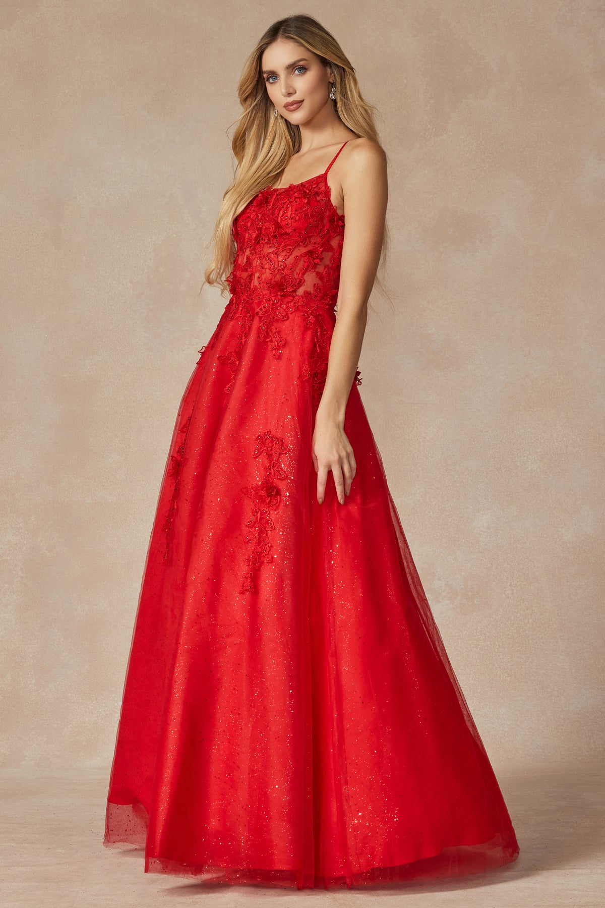 Juliet 285 Long Formal 3D Floral Applique Glitter Prom Dress