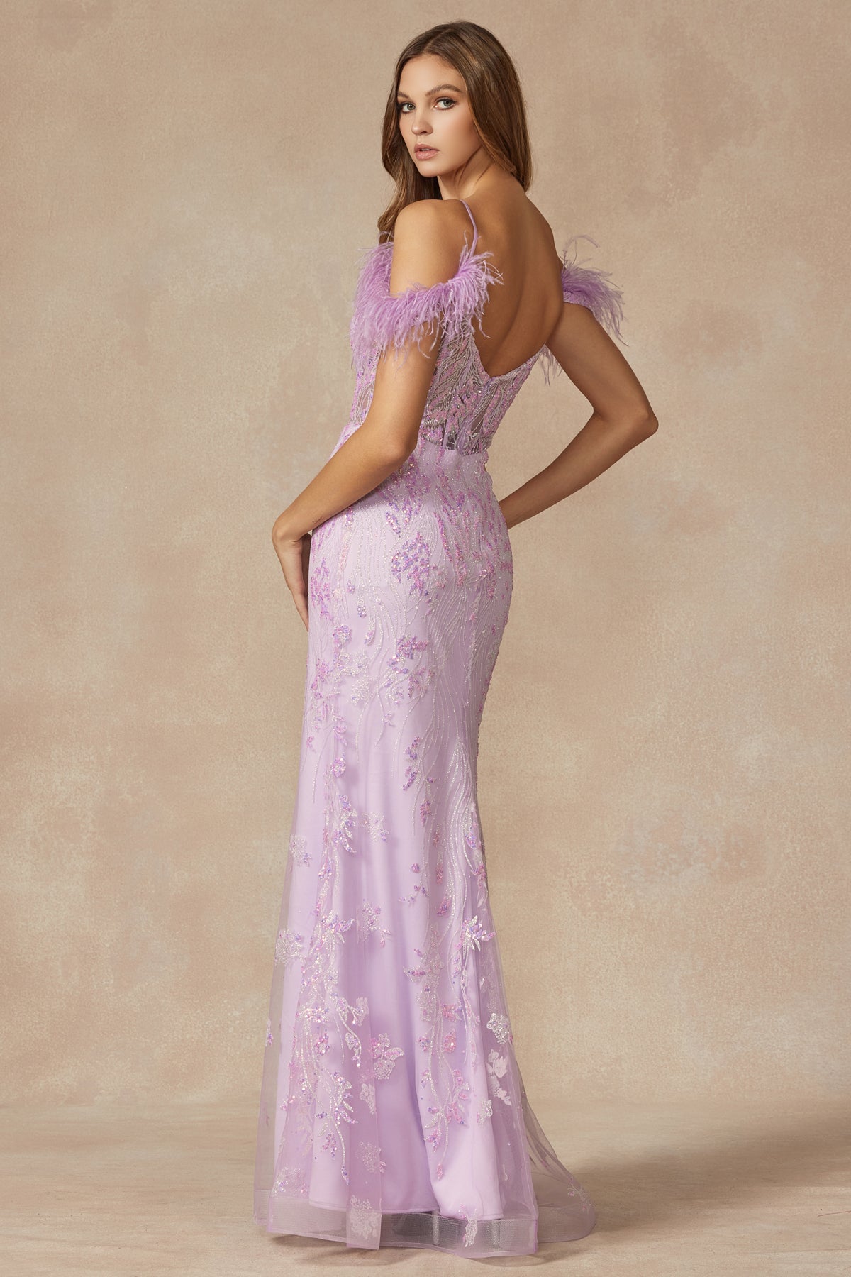 Juliet JT288 Glitter Formal Long Feather Prom Dress