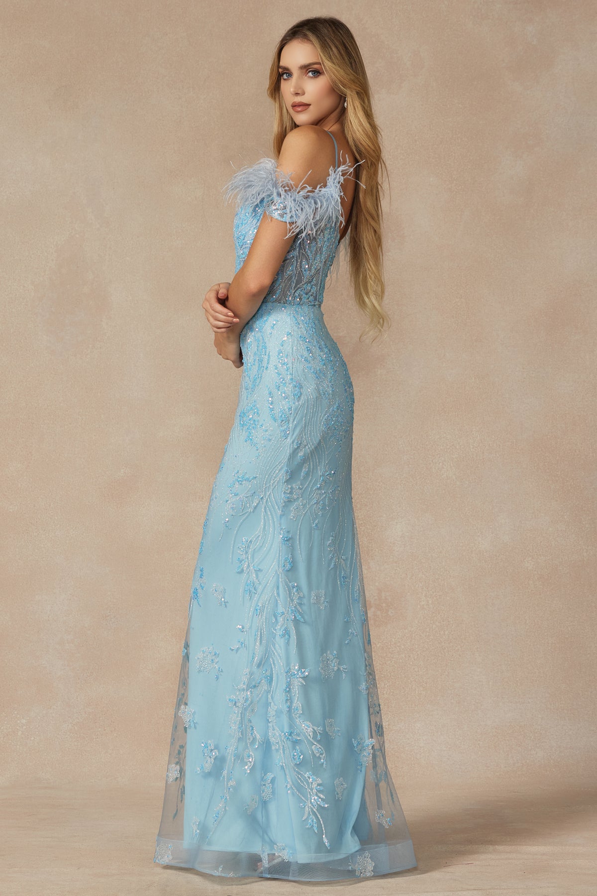 Juliet JT288 Glitter Formal Long Feather Prom Dress