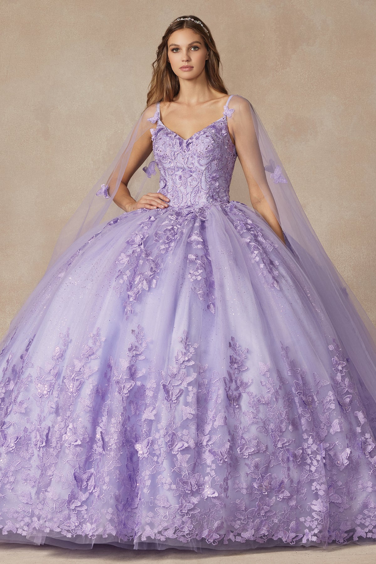 Quinceniera Dresses Long Ball Gown Lace Glitter Quinceniera Dress Juliet JT1442 Lilac