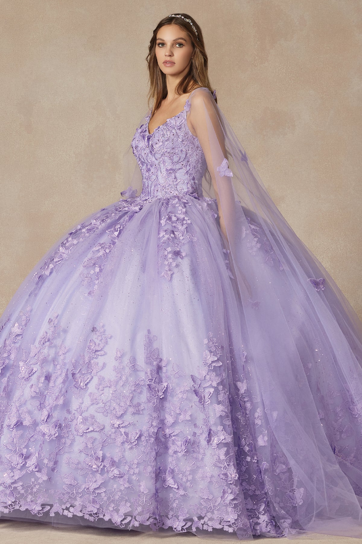 Quinceniera Dresses Long Ball Gown Lace Glitter Quinceniera Dress Juliet JT1442 Lilac