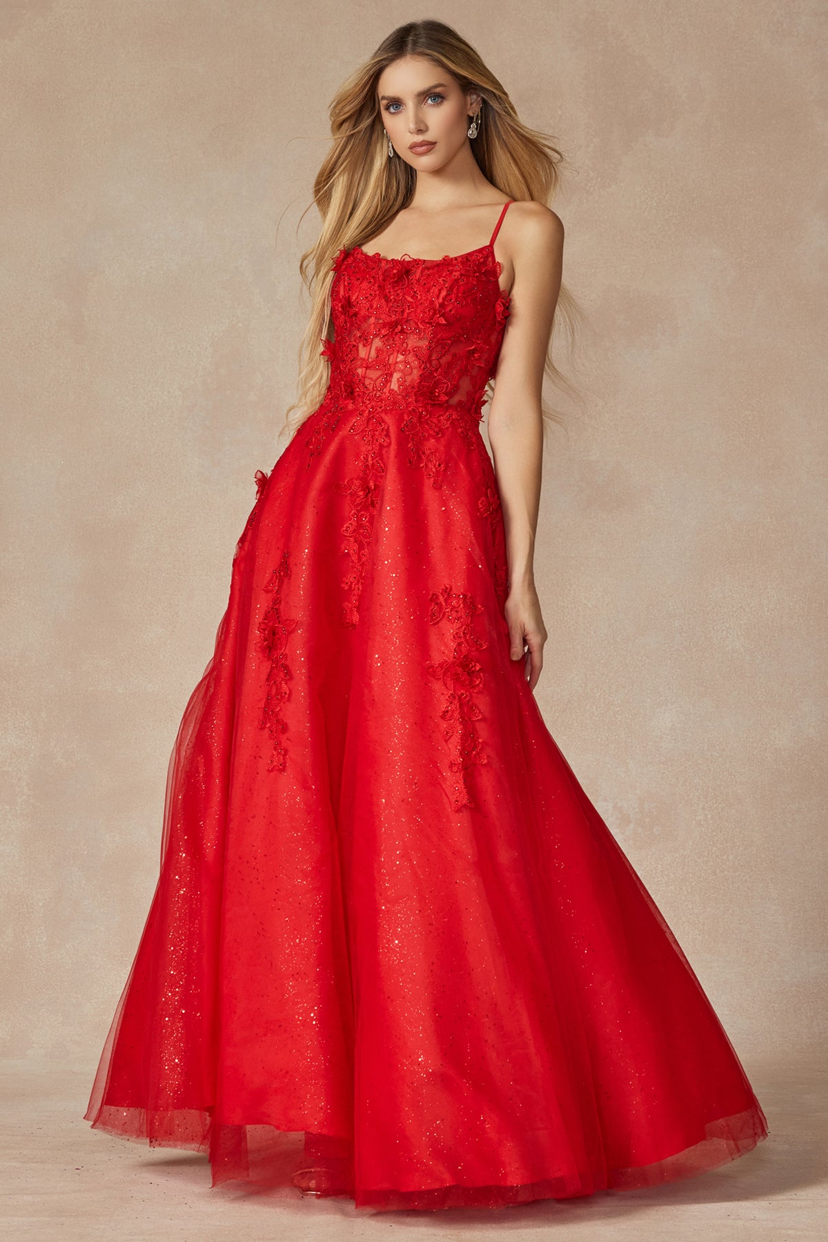 Juliet 285 Long Formal 3D Floral Applique Glitter Prom Dress