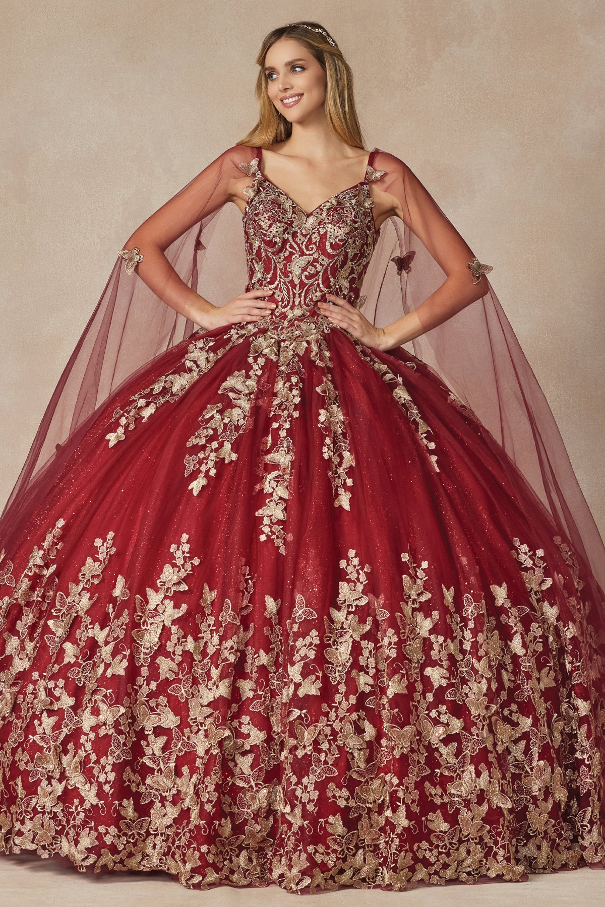 Quinceniera Dresses Long Ball Gown Lace Glitter Quinceniera Dress Juliet JT1442 Burgundy