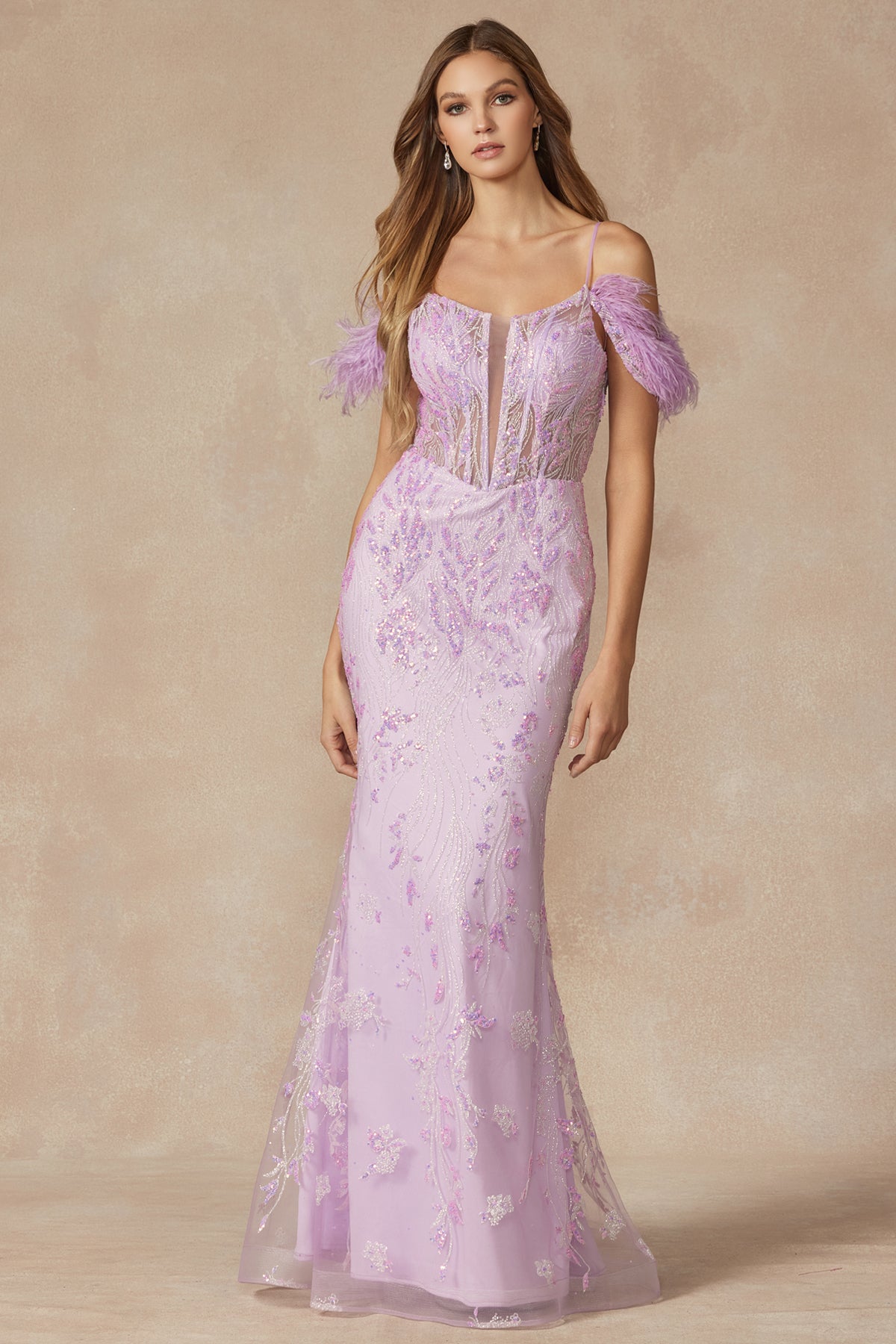 Juliet JT288 Glitter Formal Long Feather Prom Dress