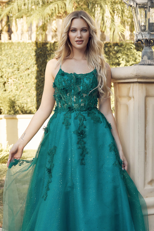 Prom Dresses Long Formal 3D Floral Applique Glitter Prom Dress Emerald Green