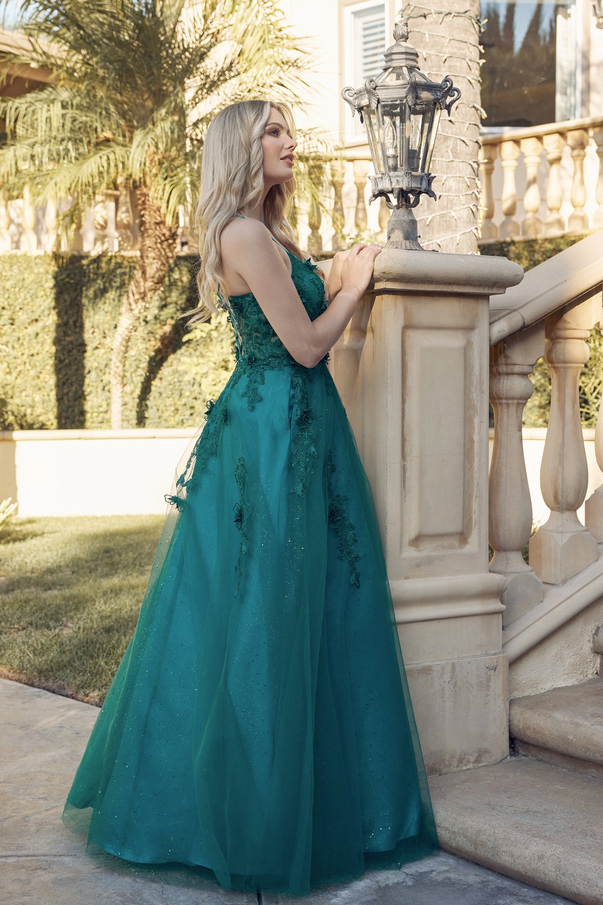 Juliet 285 Long Formal 3D Floral Applique Glitter Prom Dress