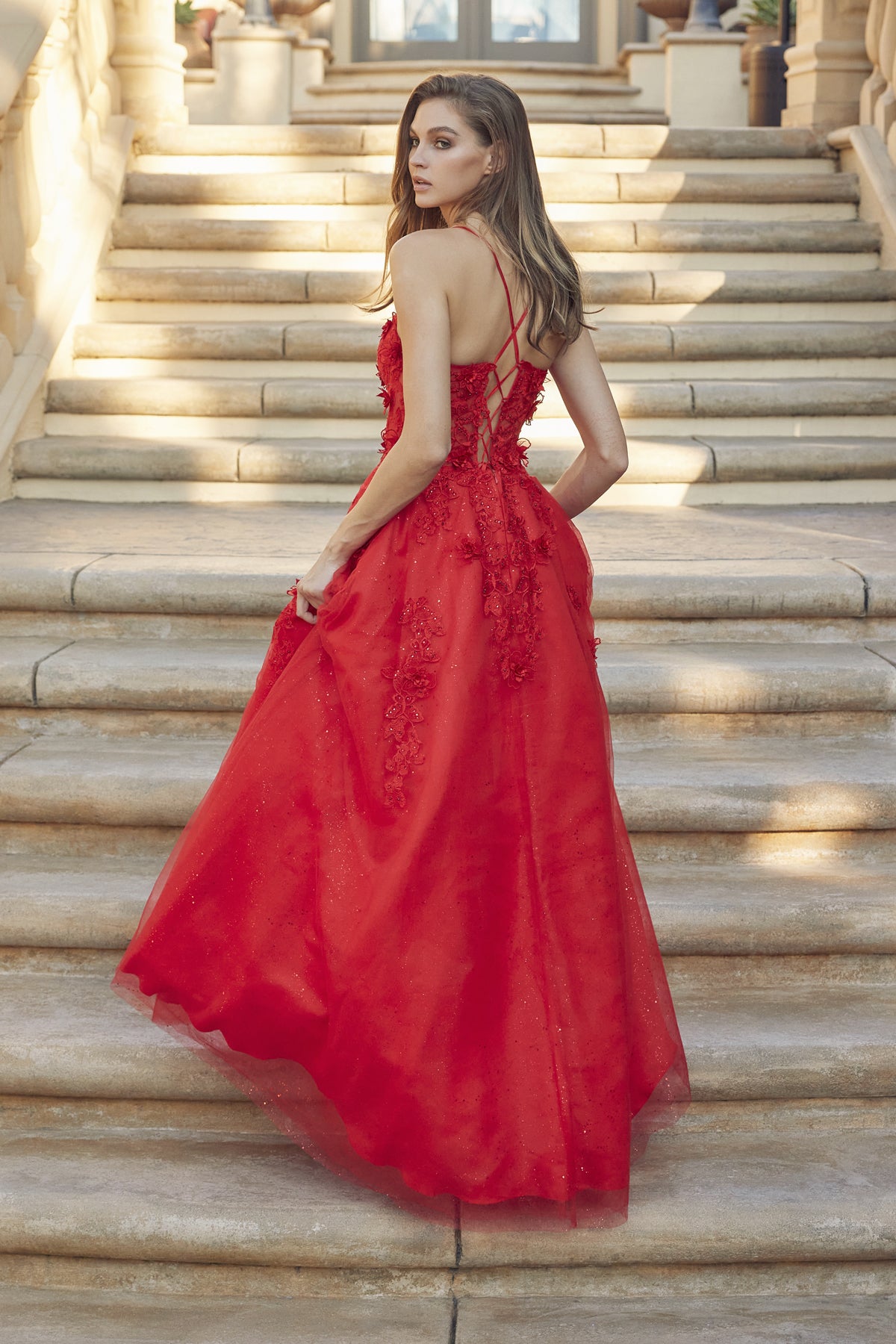 Juliet 285 Long Formal 3D Floral Applique Glitter Prom Dress
