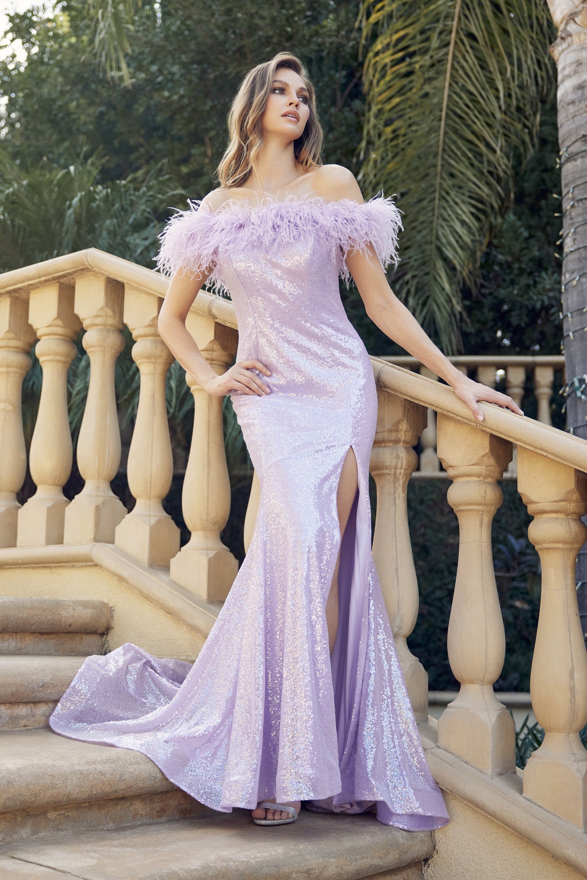Juliet JT292 Slit Long Feather Formal Prom Dress