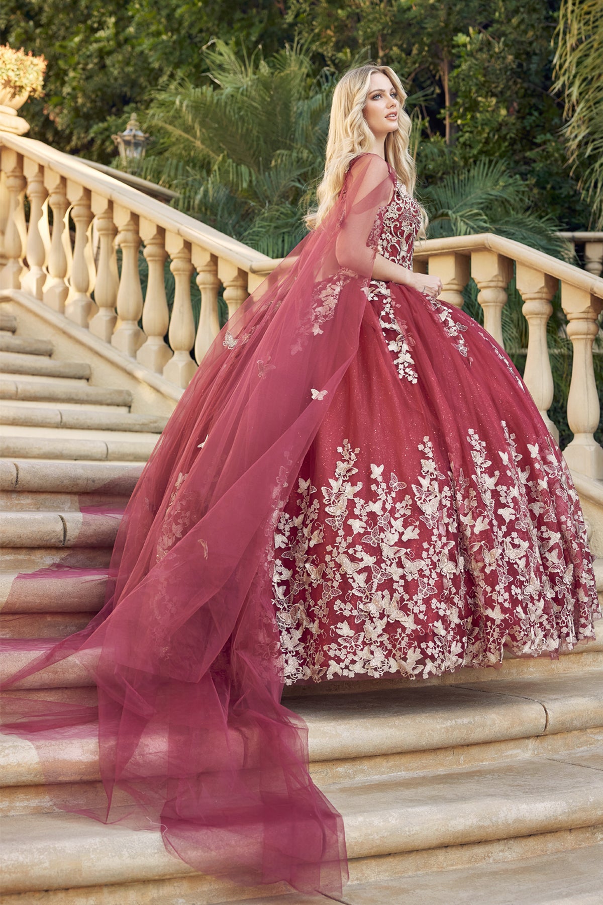 Quinceniera Dresses Long Ball Gown Lace Glitter Quinceniera Dress Juliet JT1442 Burgundy