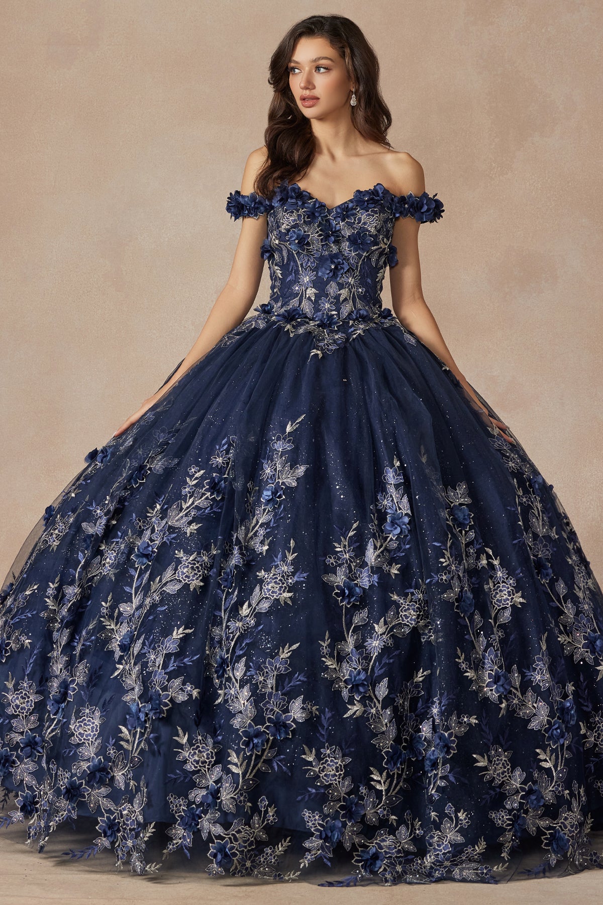Quinceniera Dresses Long Ball Gown Floral Quinceniera Dress Juliet JT1447 Navy Blue