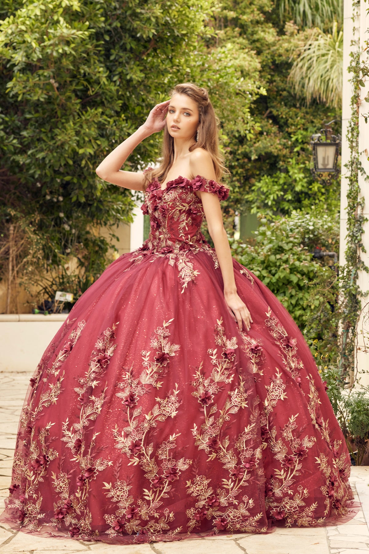 Quinceniera Dresses Long Ball Gown Floral Quinceniera Dress Juliet JT1447 Burgundy