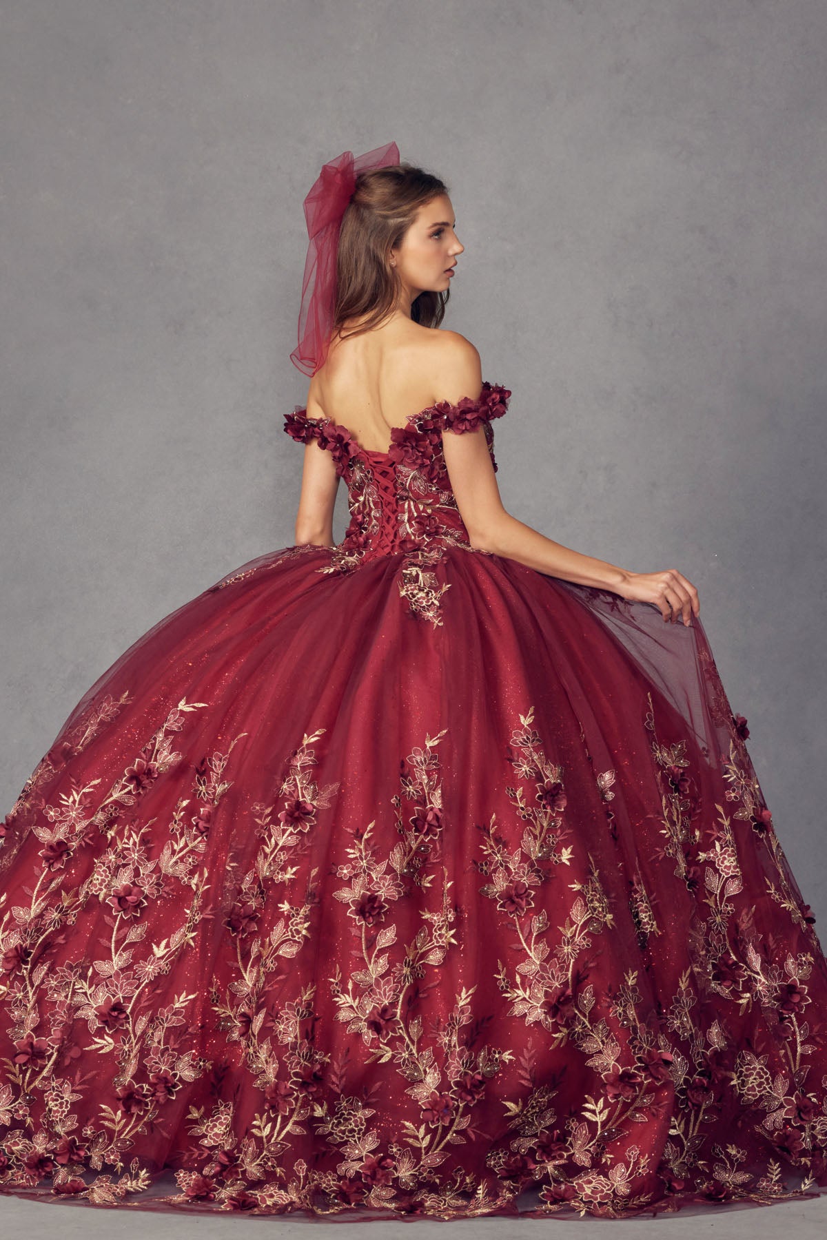 Quinceniera Dresses Long Ball Gown Floral Quinceniera Dress Juliet JT1447 Burgundy
