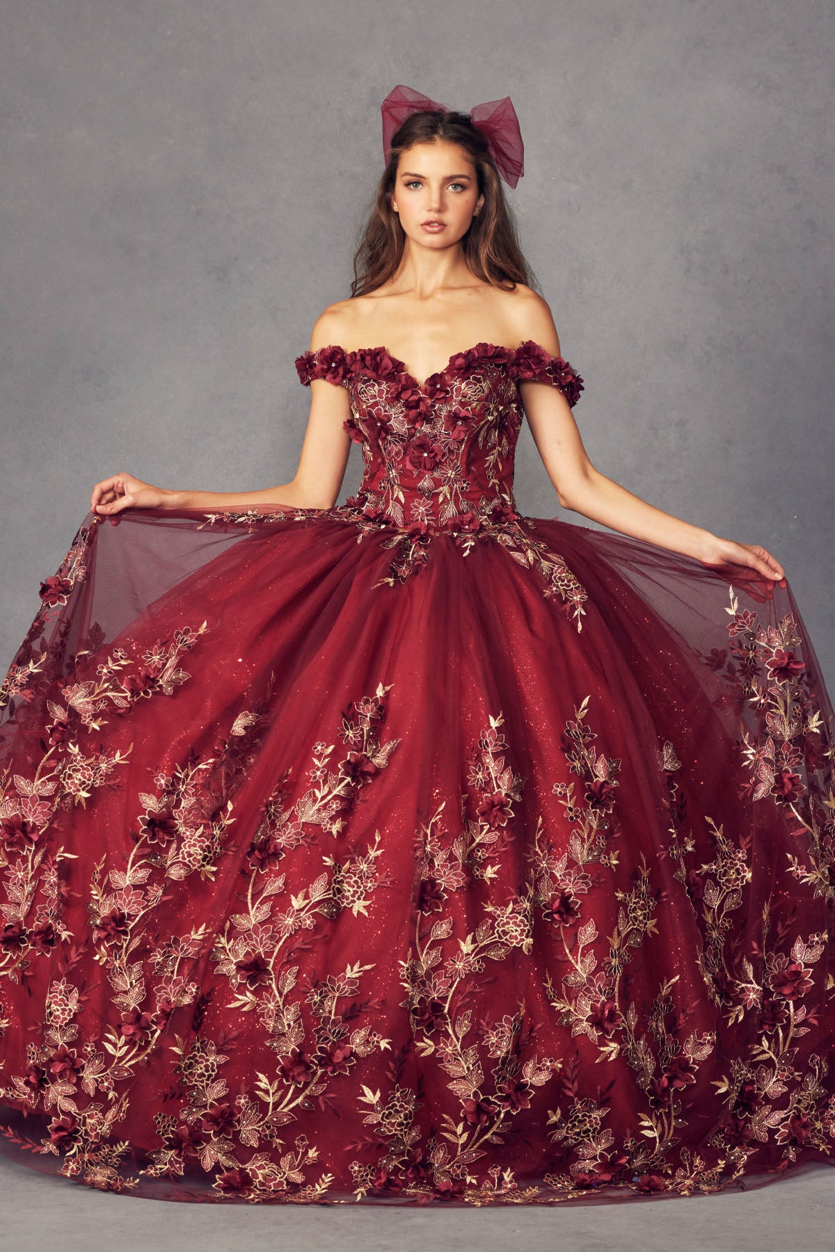 Quinceniera Dresses Long Ball Gown Floral Quinceniera Dress Juliet JT1447 Burgundy