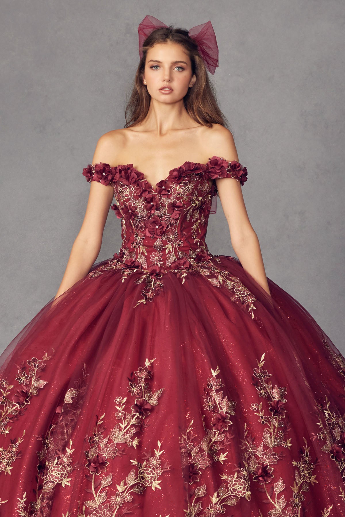Quinceniera Dresses Long Ball Gown Floral Quinceniera Dress Juliet JT1447 Burgundy