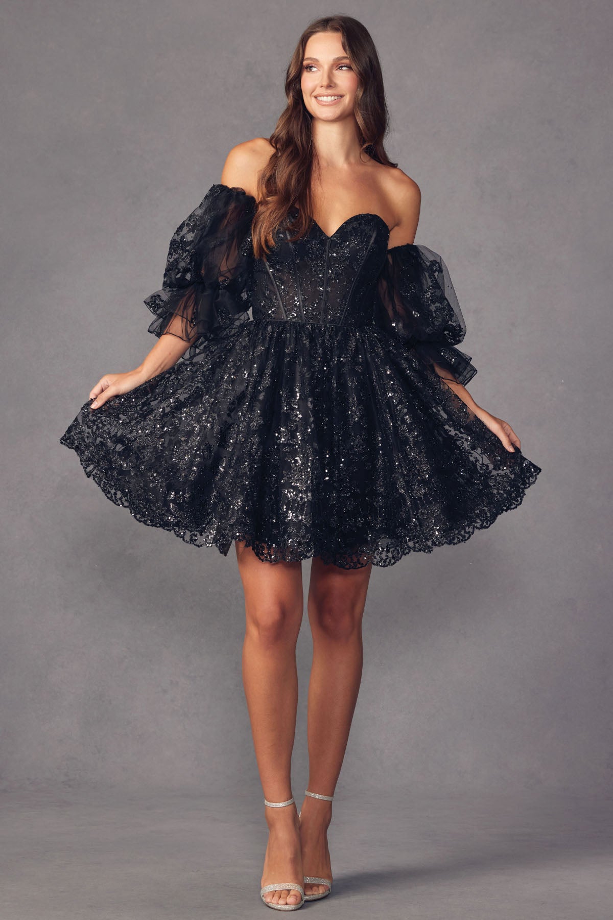 Juliet JT895 Homecoming Short A Line Glitter Prom Dress