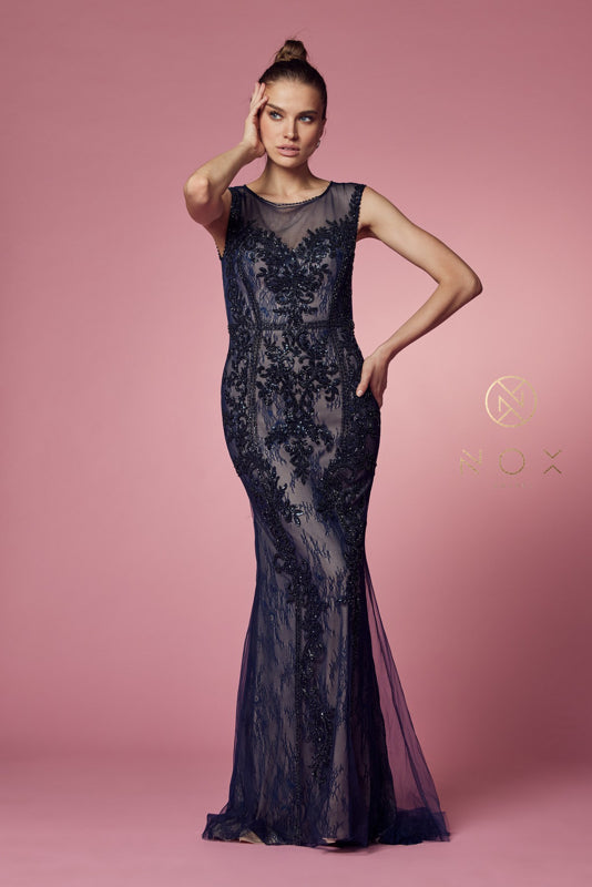 Nox Anabel E1006P Fitted Long Applique Formal Dress