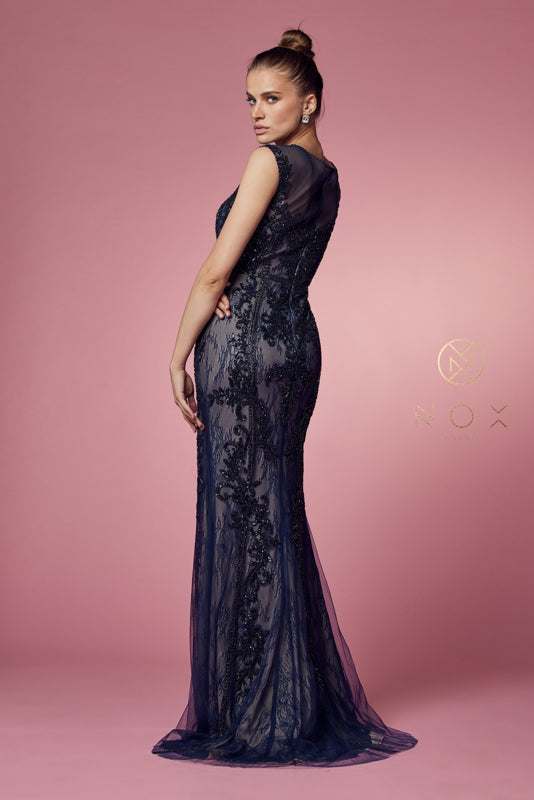 Nox Anabel E1006P Fitted Long Applique Formal Dress