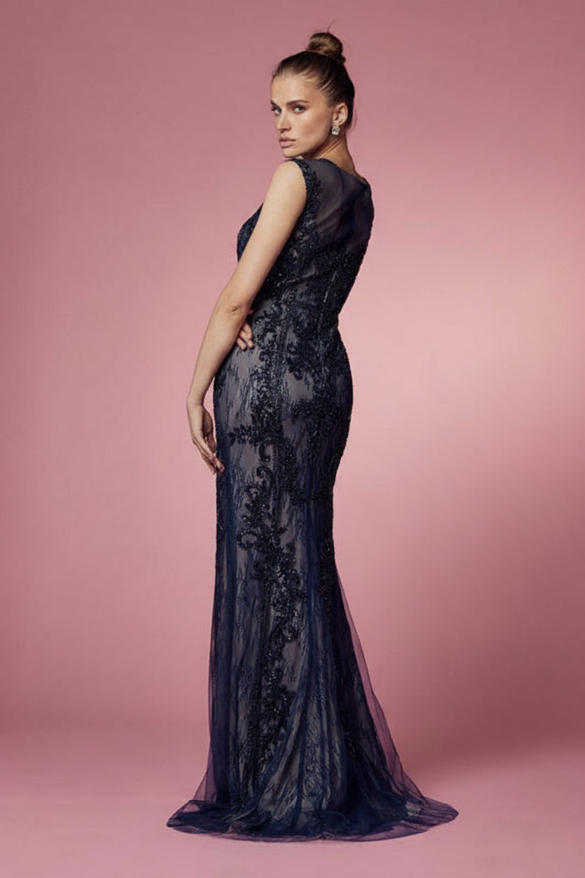 Formal Dresses Fitted Long Applique Formal Dress Navy Blue