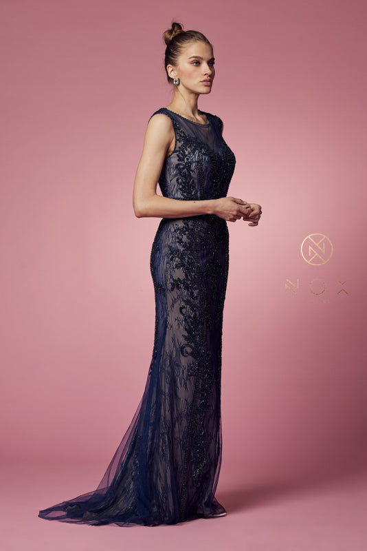 Nox Anabel E1006P Fitted Long Applique Formal Dress