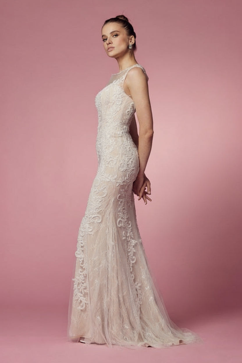 Wedding Dresses Long Fitted Floral Applique Wedding Dress Nude