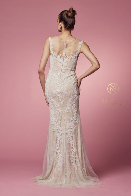 Nox Anabel E1006P Long Fitted Floral Applique Wedding Dress