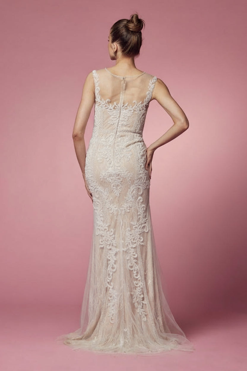 Wedding Dresses Long Fitted Floral Applique Wedding Dress Nude
