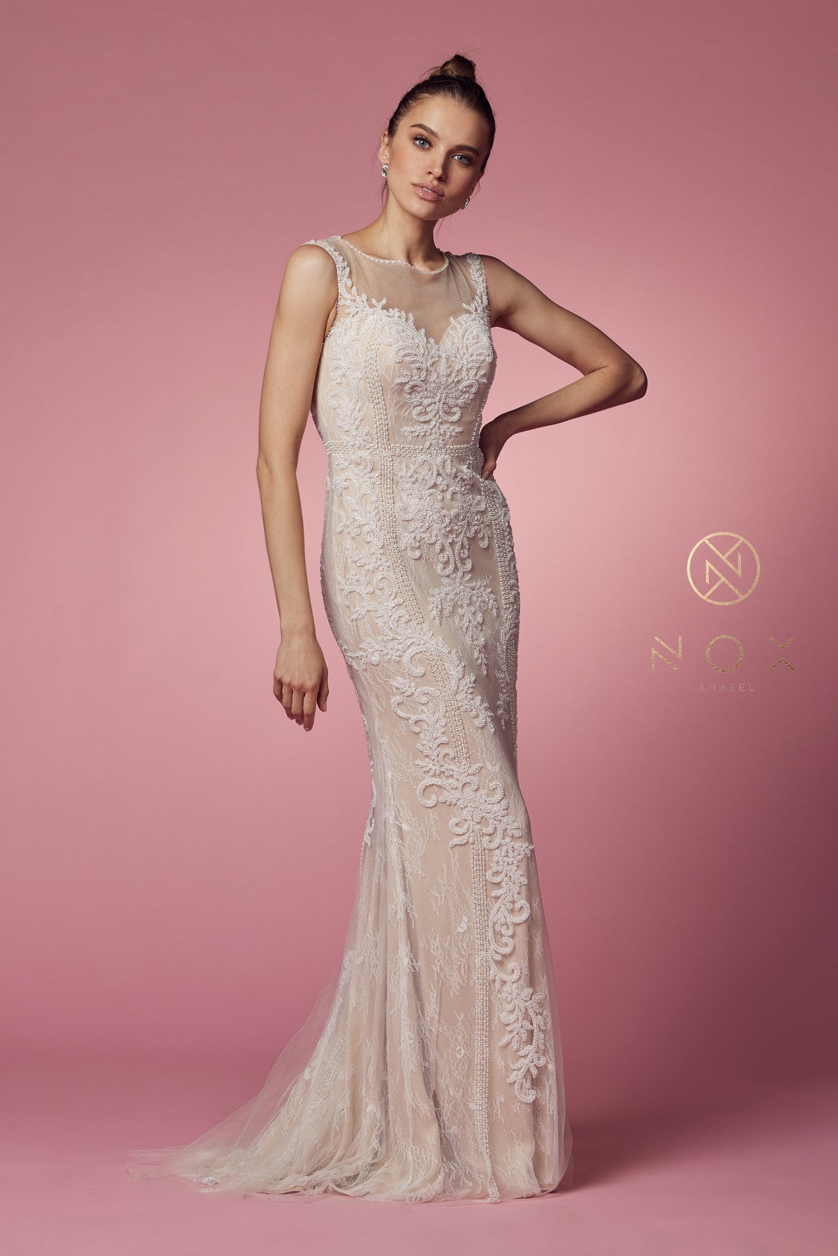 Nox Anabel E1006P Long Fitted Floral Applique Wedding Dress