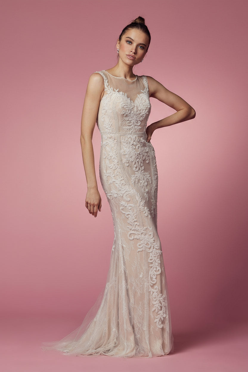 Wedding Dresses Long Fitted Floral Applique Wedding Dress Nude
