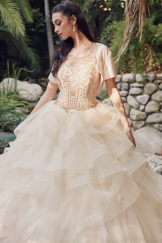 Quinceniera Dresses Long Ruffle Ball Gown Quinceanera Dress Juliet JT1423 Champagne