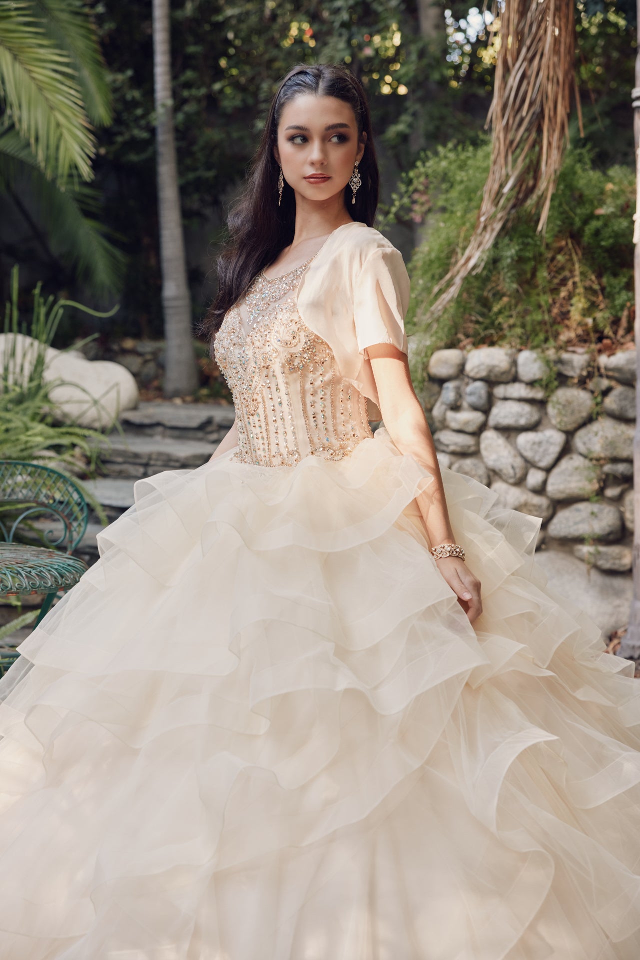 Quinceniera Dresses Long Ruffle Ball Gown Quinceanera Dress Juliet JT1423 Champagne