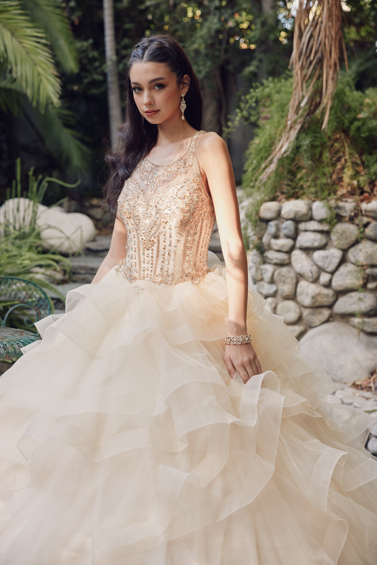 Quinceniera Dresses Long Ruffle Ball Gown Quinceanera Dress Juliet JT1423 Champagne