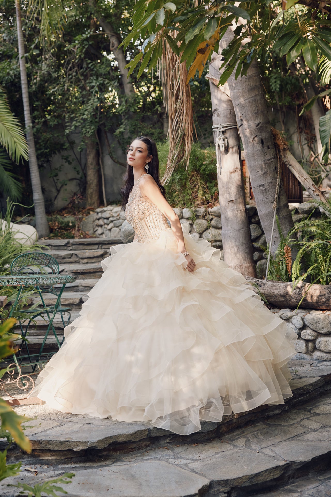 Quinceniera Dresses Long Ruffle Ball Gown Quinceanera Dress Juliet JT1423 Champagne