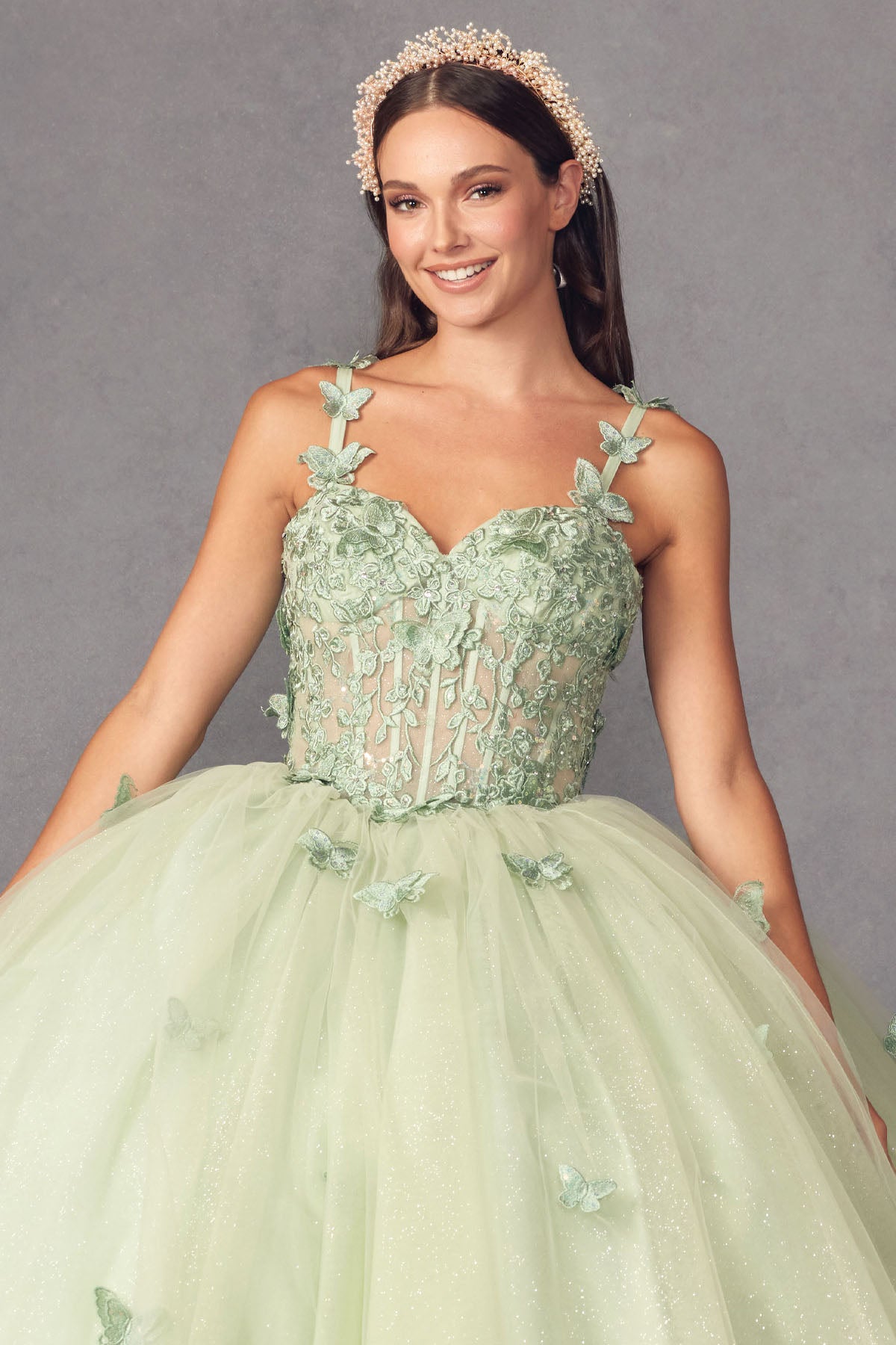 Quinceniera Dresses 3D Flower Long Quinceanera Ball Gown Sage Green