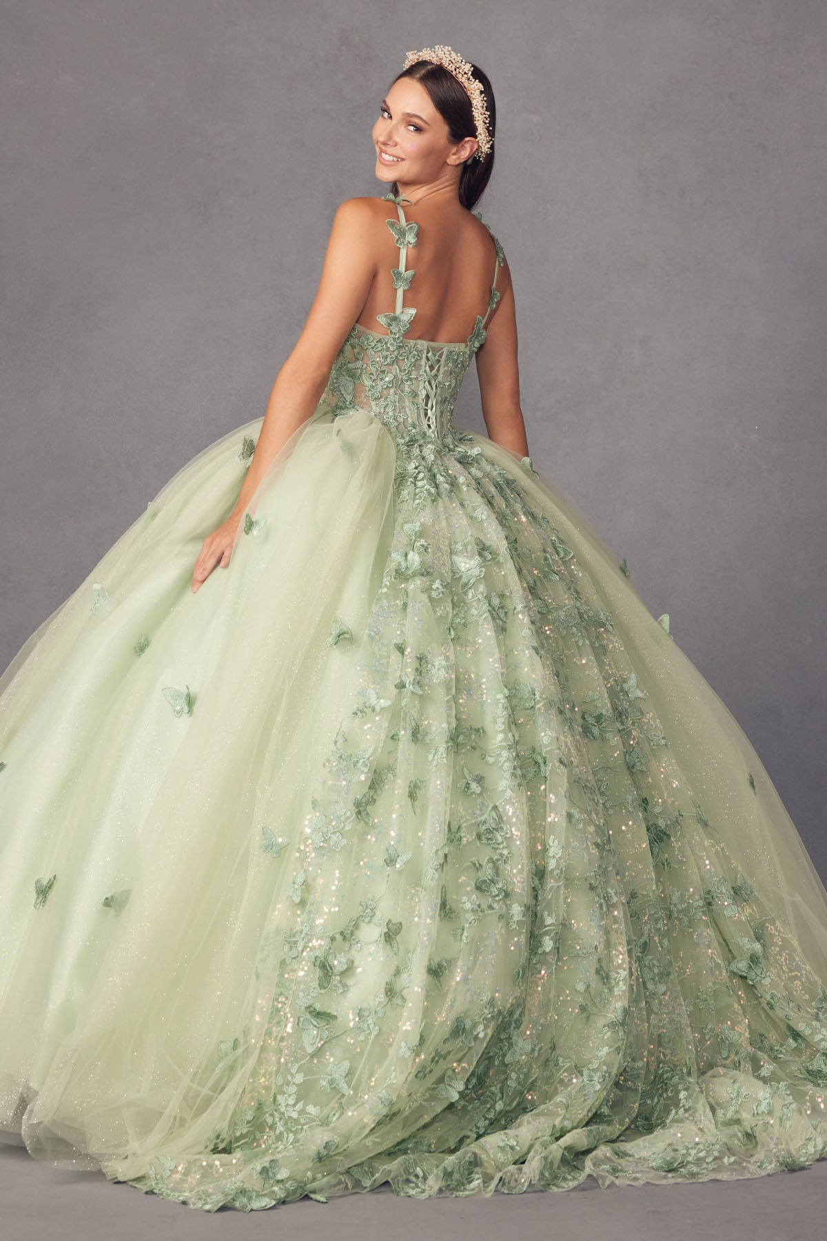 Juliet JT1453J Long Quinceanera Dress 3D Flower Ball Gown - Sage Green / M Juliet JT1453J Long Quinceanera Dress 3D Flower Ball Gown - Sage Green / M