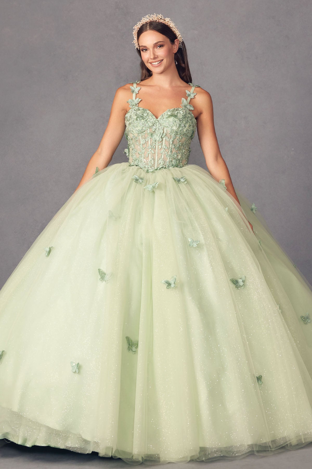Juliet JT1453J Long Quinceanera Dress 3D Flower Ball Gown - Sage Green / M Juliet JT1453J Long Quinceanera Dress 3D Flower Ball Gown - Sage Green / M